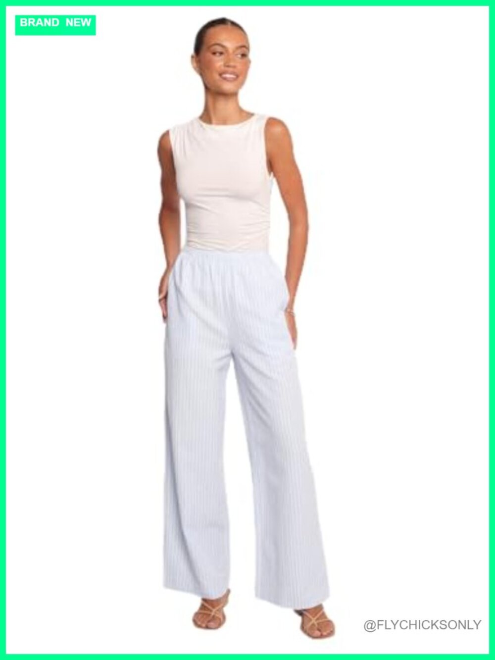 Women's Striped Straight Leg High Rise Pull On Pants
